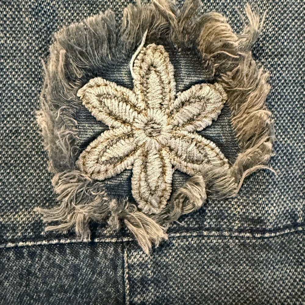 Denim Patchwork ruffle Jacket with Floral Accents… - image 2
